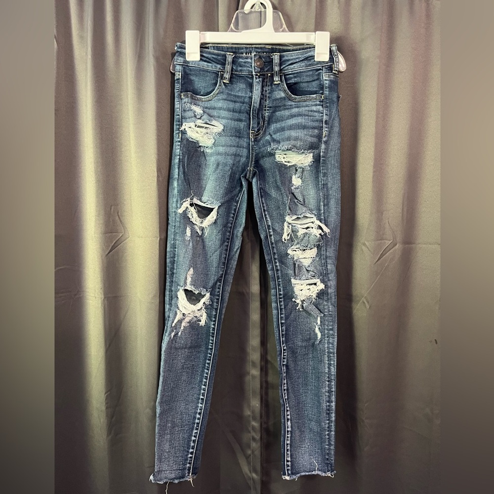 American Eagle Blue Skinny Jeans with Distressed Details